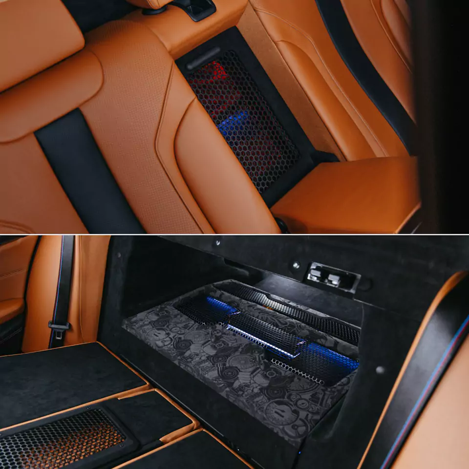 Построили новую акустическую систему для BMW M5 с дизайнерским оформлением багажника! Перешили в кожу салонный пластик, заламинировали карбоном зеркала, провели комплекс детейлинг-услуг